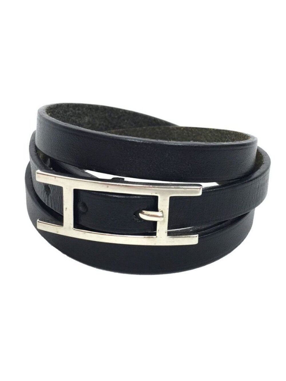 Hermes Hapi 3 Leather Bracelet Choker Long Black Silver